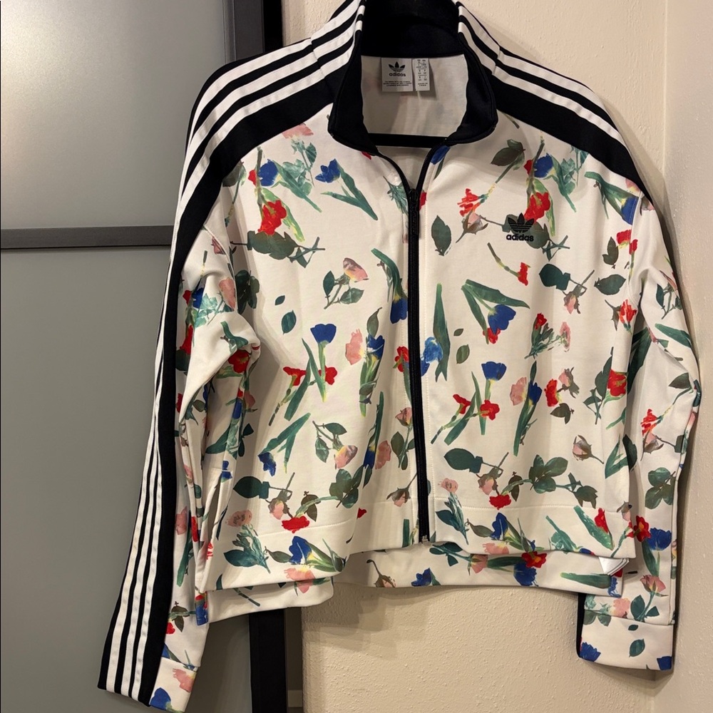 adidas White Floral Track Bomber Jacket with Black Stripes
